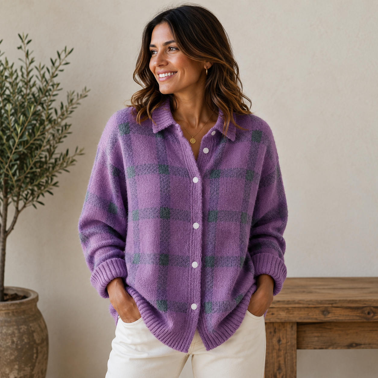 Women's everyday knit cardigan with full-length button placket