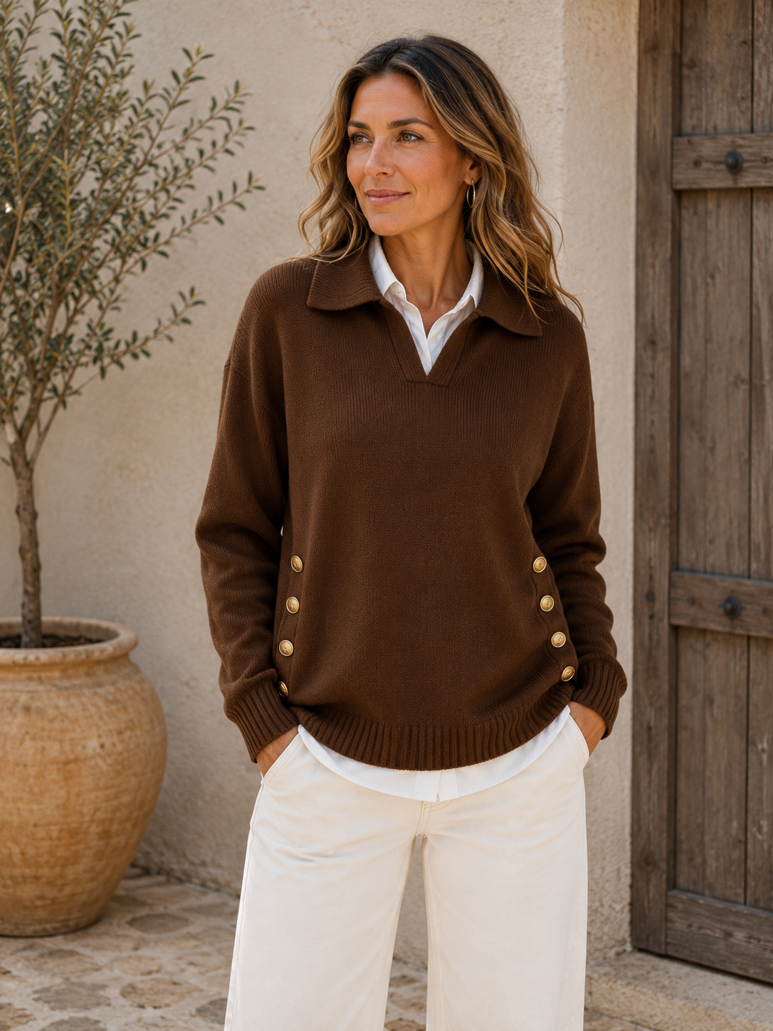 Women's relaxed-fit knit sweater featuring side button details and ribbed hem