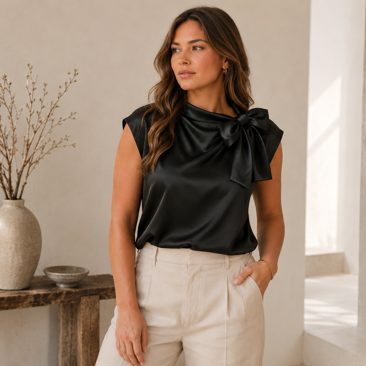 Front view of bow neck satin blouse for women