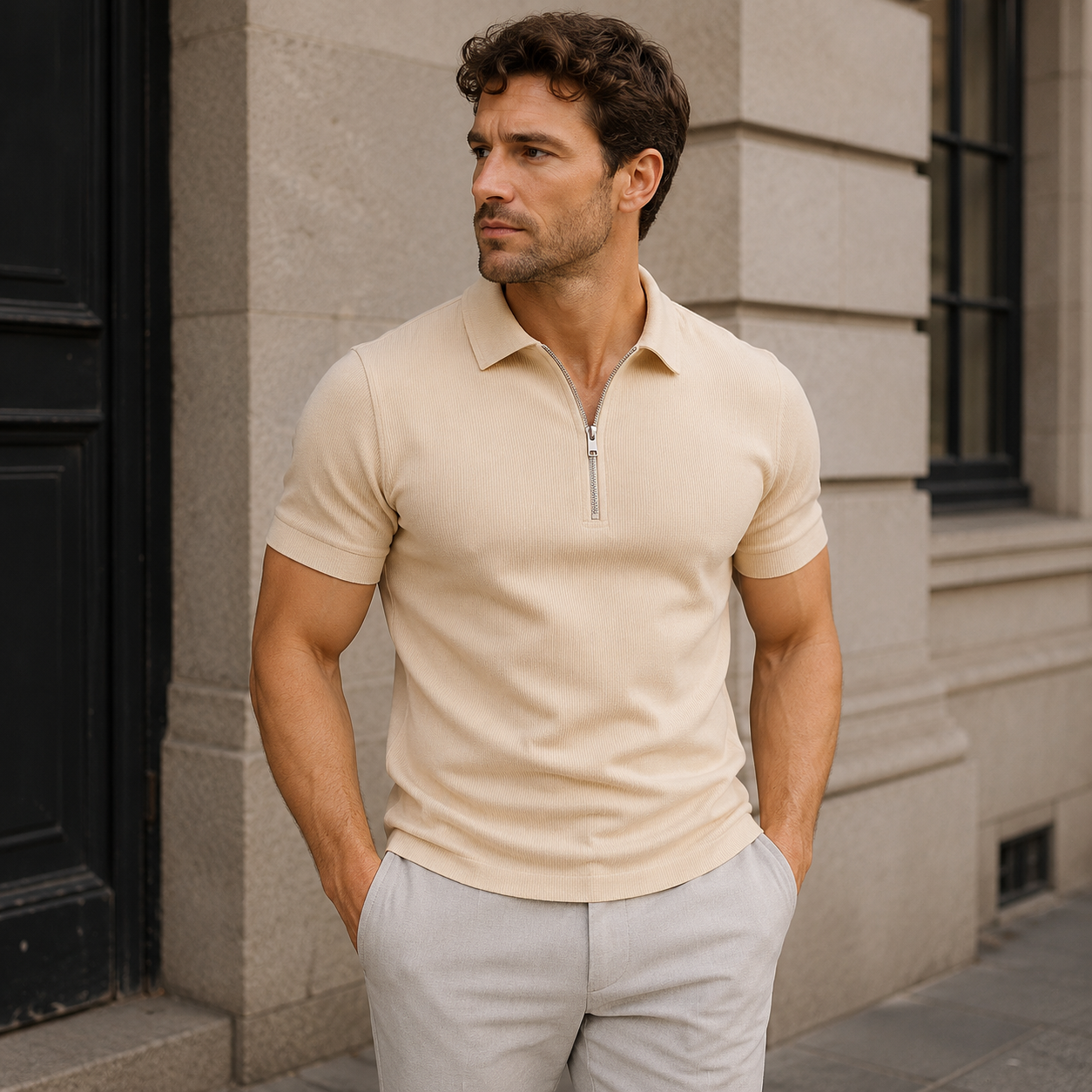 Men's short-sleeved zip-up polo shirt