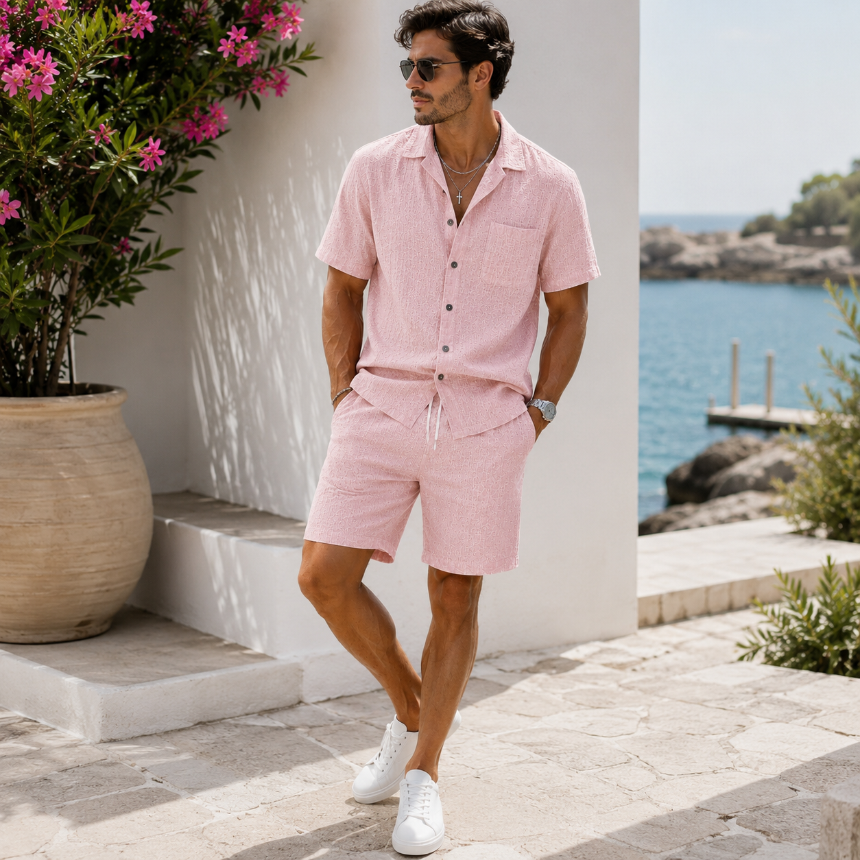 Elastic drawstring shorts in matching linen blend