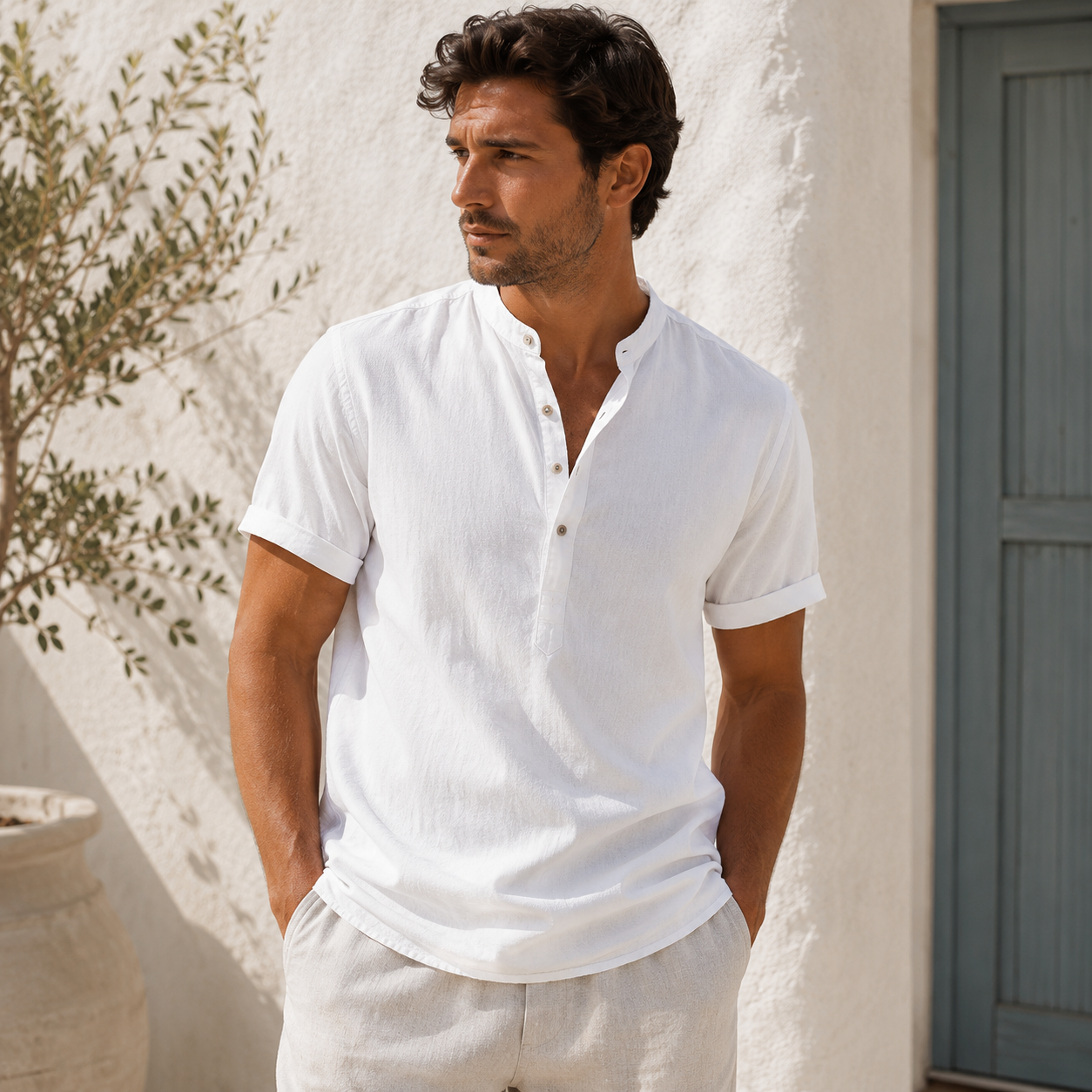 Front view of men's linen Henley short sleeve shirt