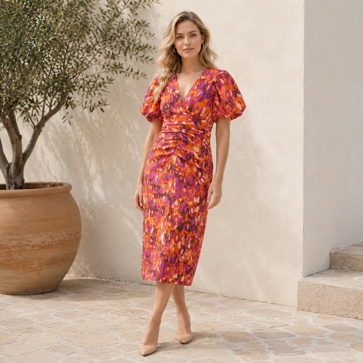 Women's abstract print midi dress with V-neckline