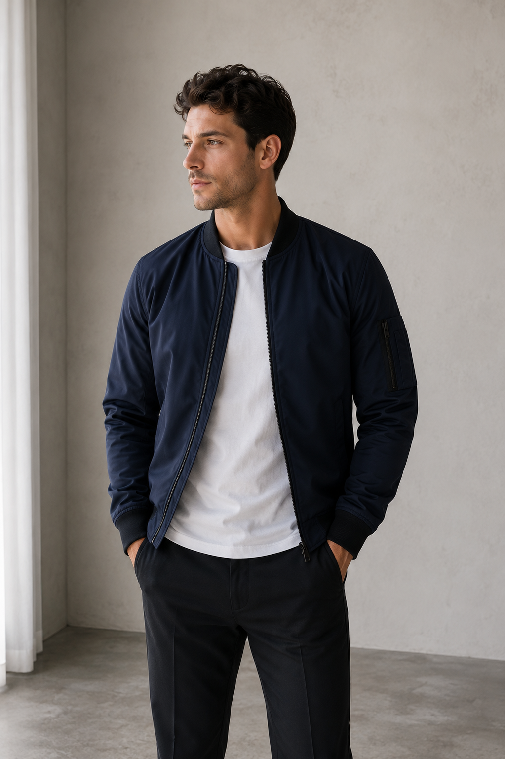Men's zip-up bomber jacket with ribbed hem and structured silhouette