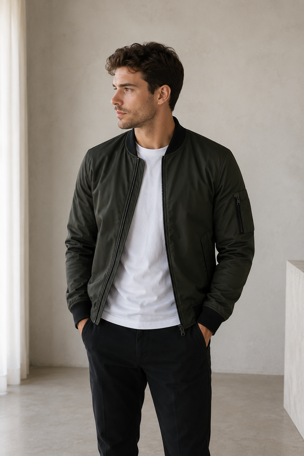 Men's woven bomber jacket with stand collar and ribbed hem detail