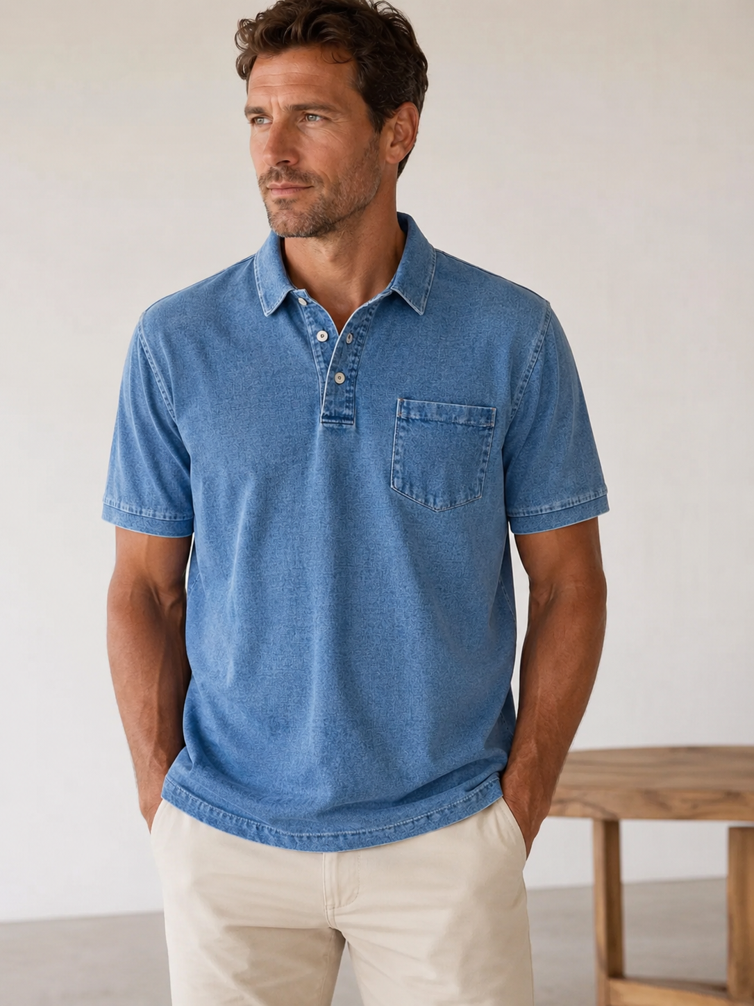 Men's denim polo shirt with button placket and chest pocket, regular fit