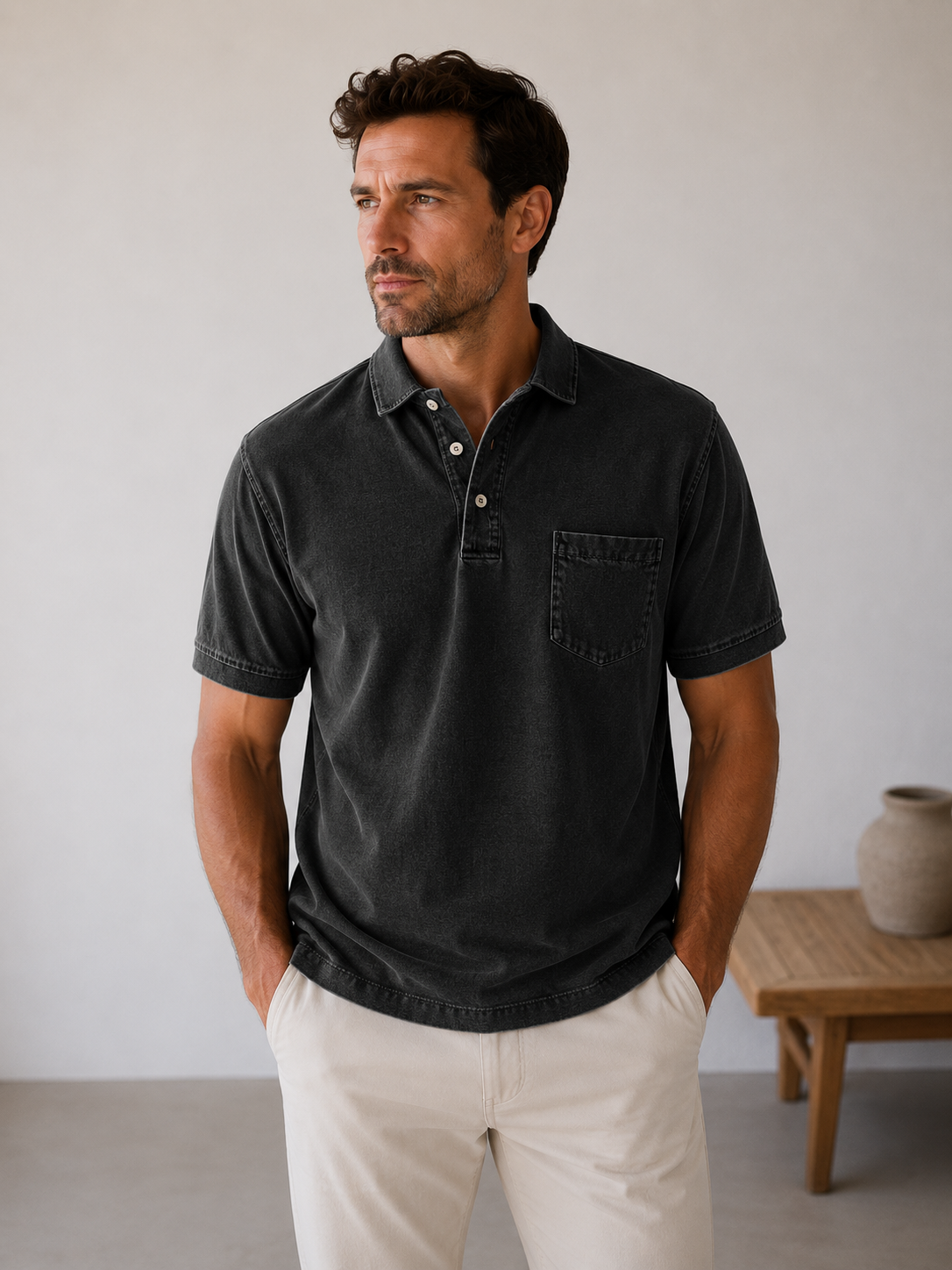 Men's denim polo shirt with chest pocket and short sleeves, straight silhouette