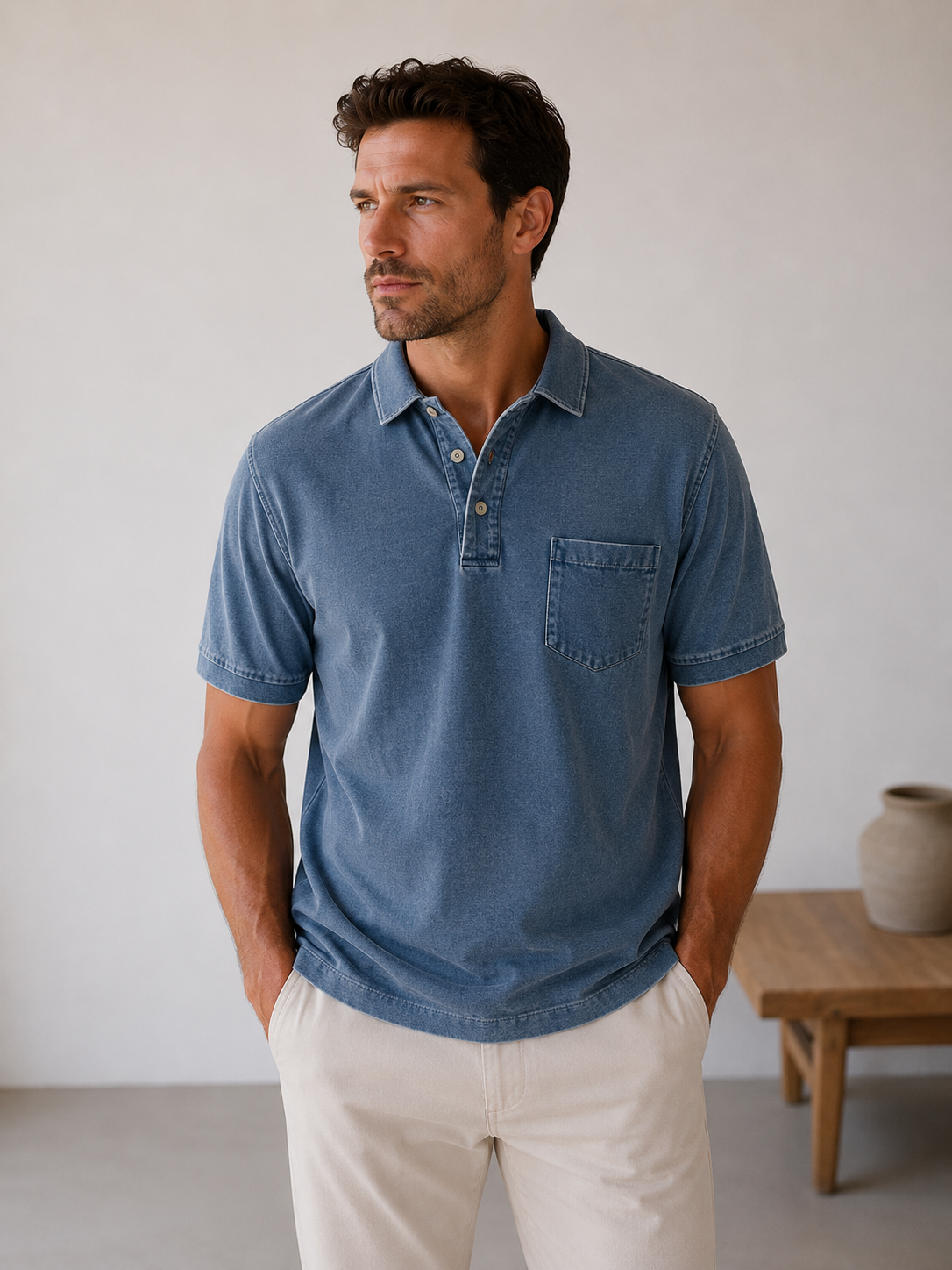 Men's button-up denim polo shirt with polo collar and clean seam construction