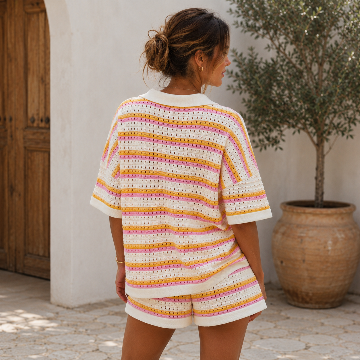 Women's open-knit shirt and shorts matching set