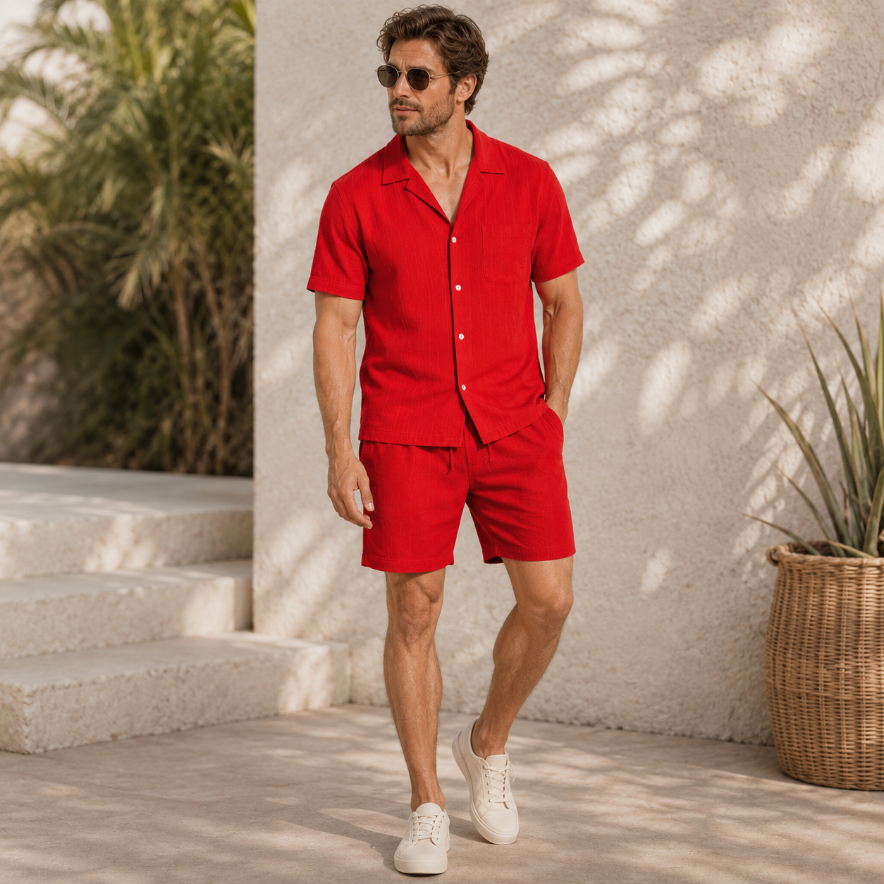 Front view of men's short sleeve shirt and shorts set