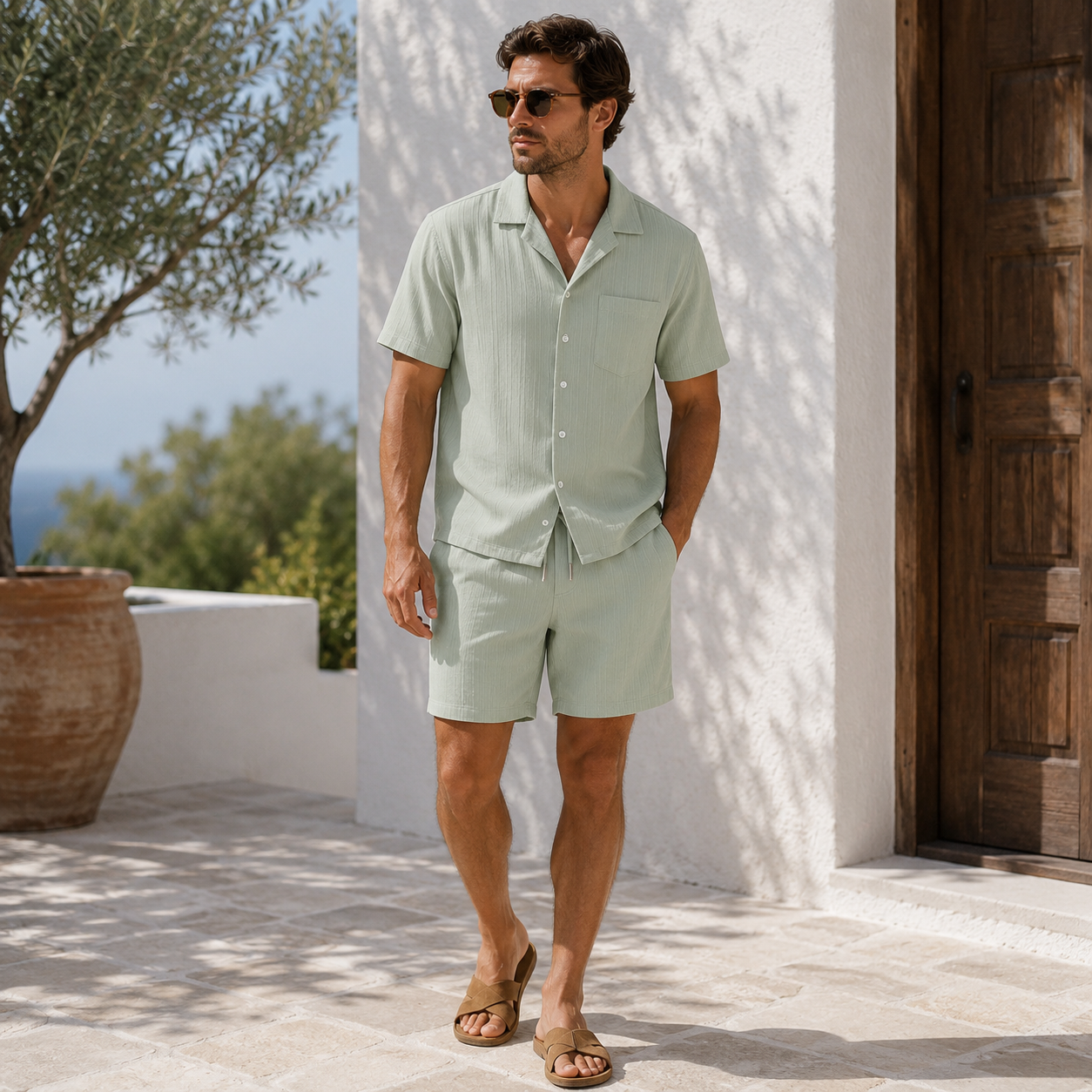Men's matching shirt and shorts outfit front view