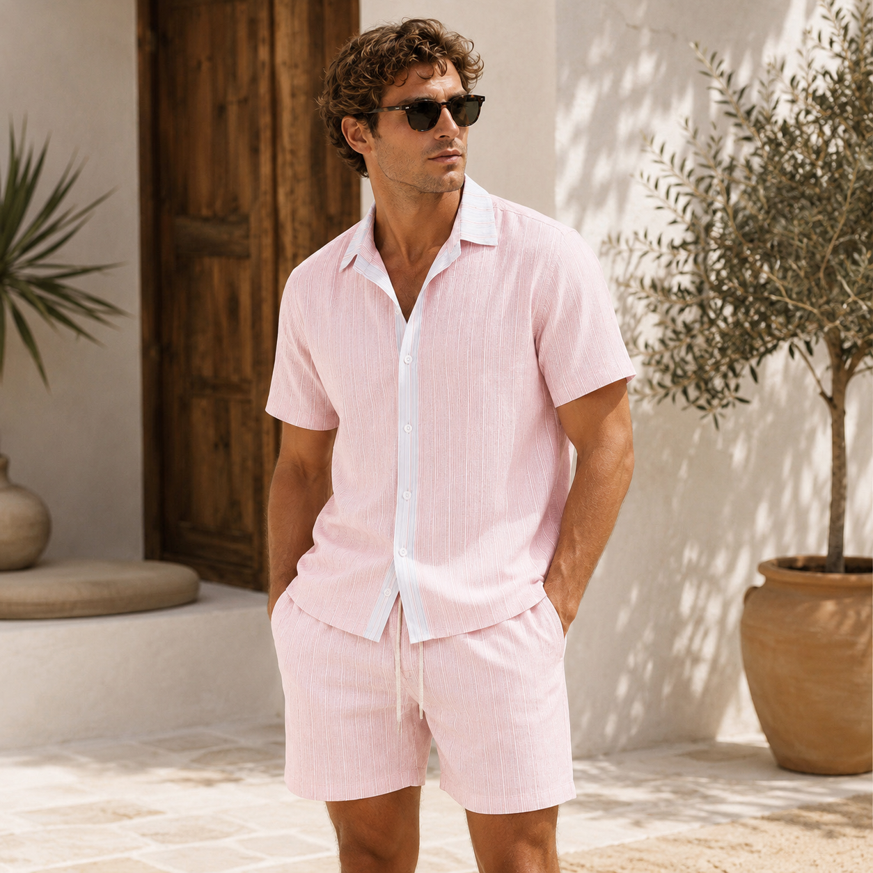 Front view of men's striped short sleeve shirt and shorts set