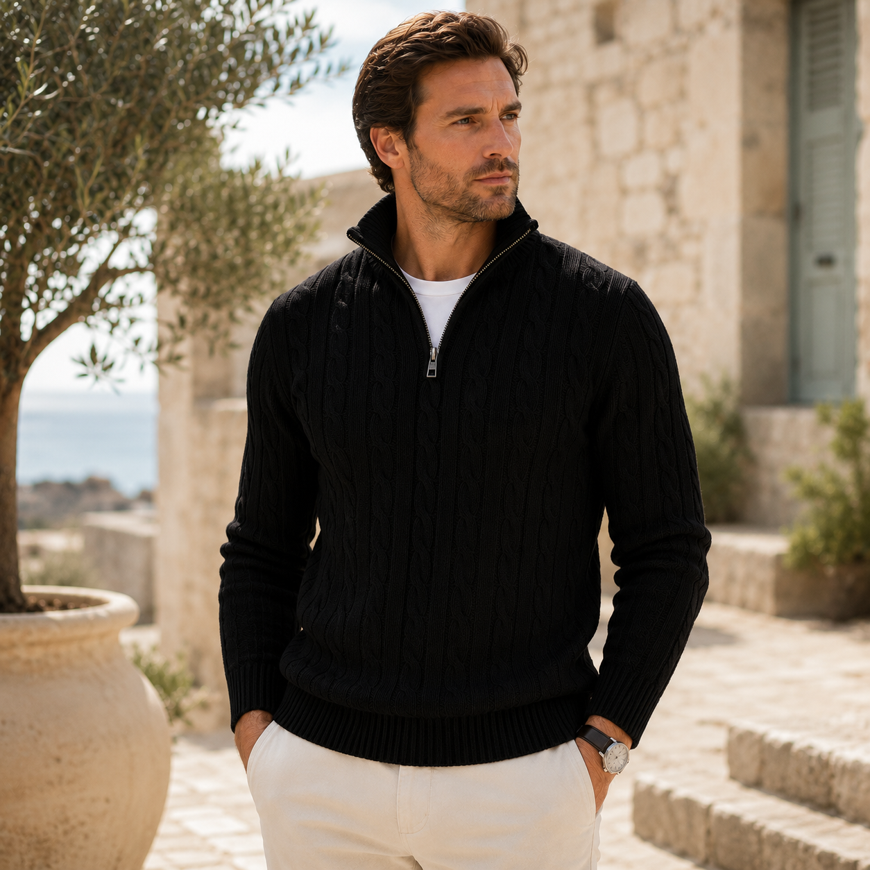 Men's cable-knit quarter-zip sweater in a dark tone with stand-up collar