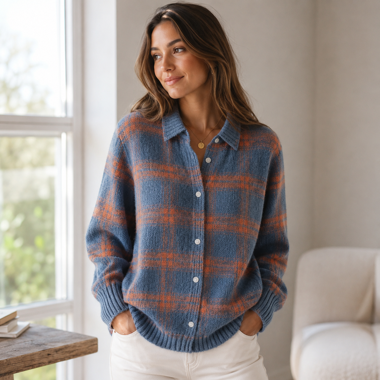 Women's knitted plaid cardigan with front button closure, classic collar, and ribbed cuffs