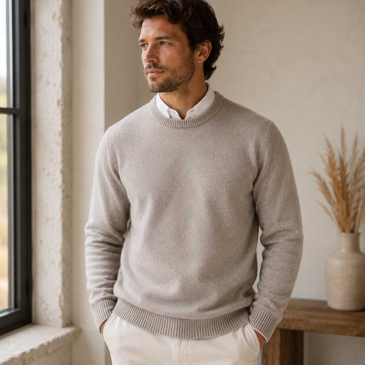Round neck knitted men's sweater with even stitch texture, straight fit
