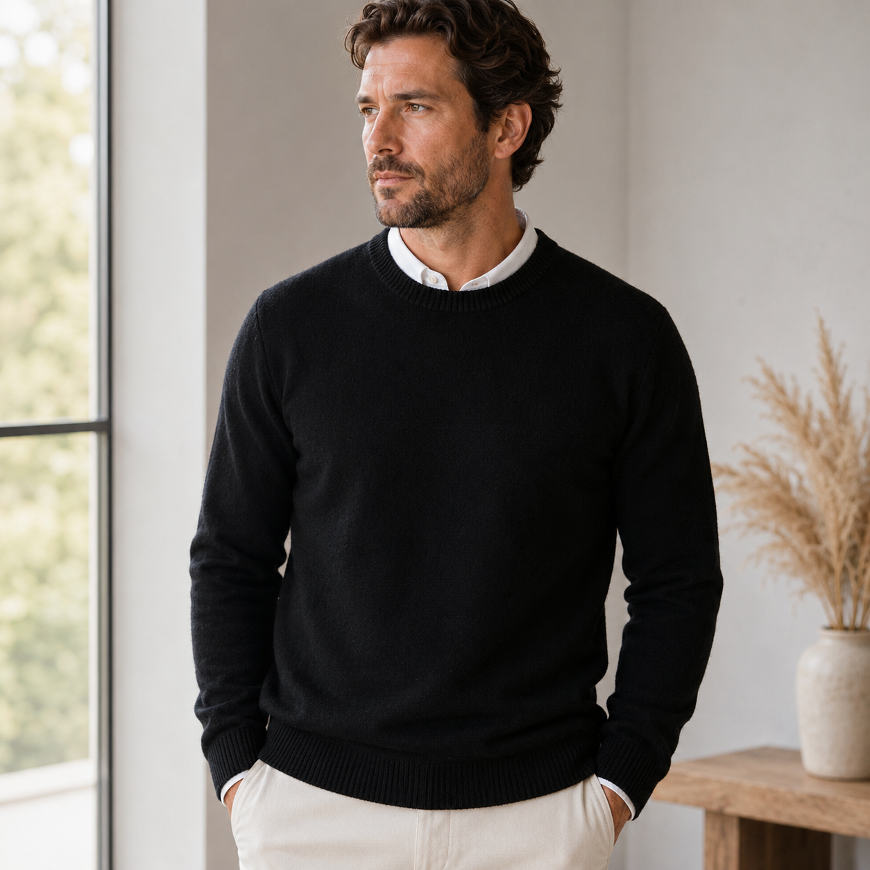 Men's pull-on knitted sweater with round collar and straight cut, front view