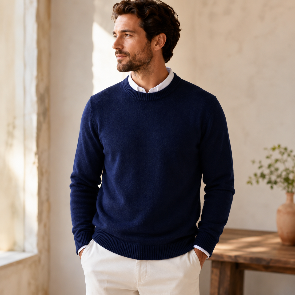 Round neck men's knitted sweater with straight fit, layering-ready everyday style