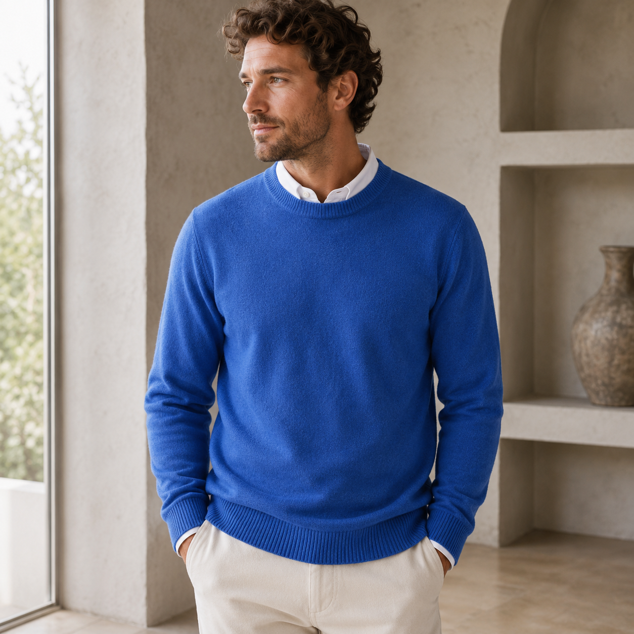 Knitted men's sweater with round neckline and relaxed straight silhouette