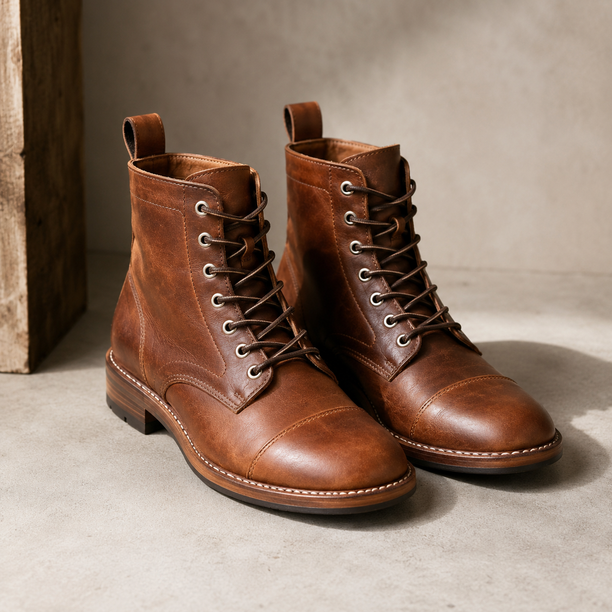 Men's leather lace-up ankle boots with structured toe and visible stitching detail