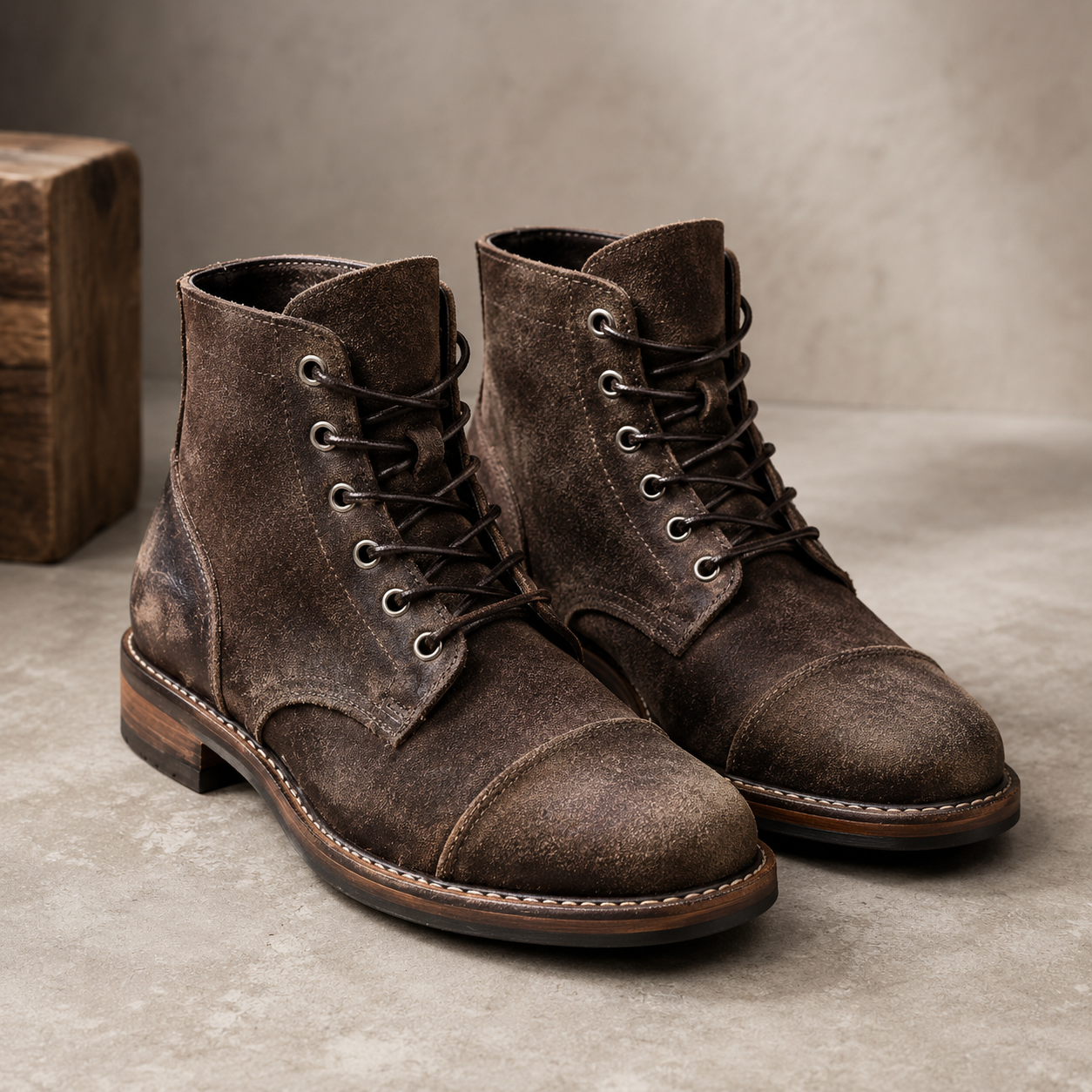 Men's leather ankle boots with front lacing and padded collar on flat sole