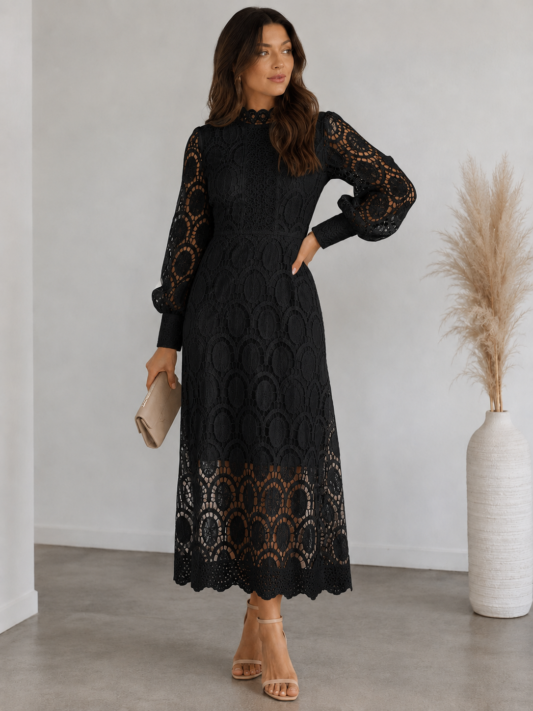 Lace Stand Collar Long Sleeve Midi Dress Women
