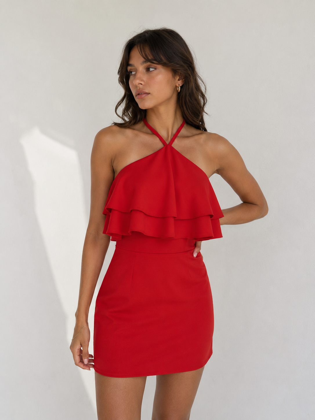 Halter neck mini dress with layered ruffles