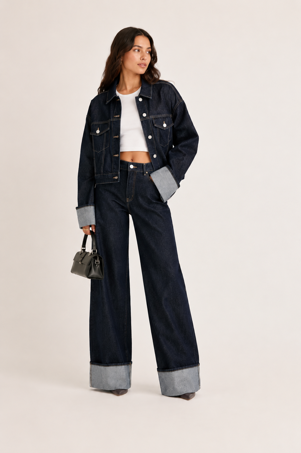 Denim set with cropped jacket and wide-leg jeans for women