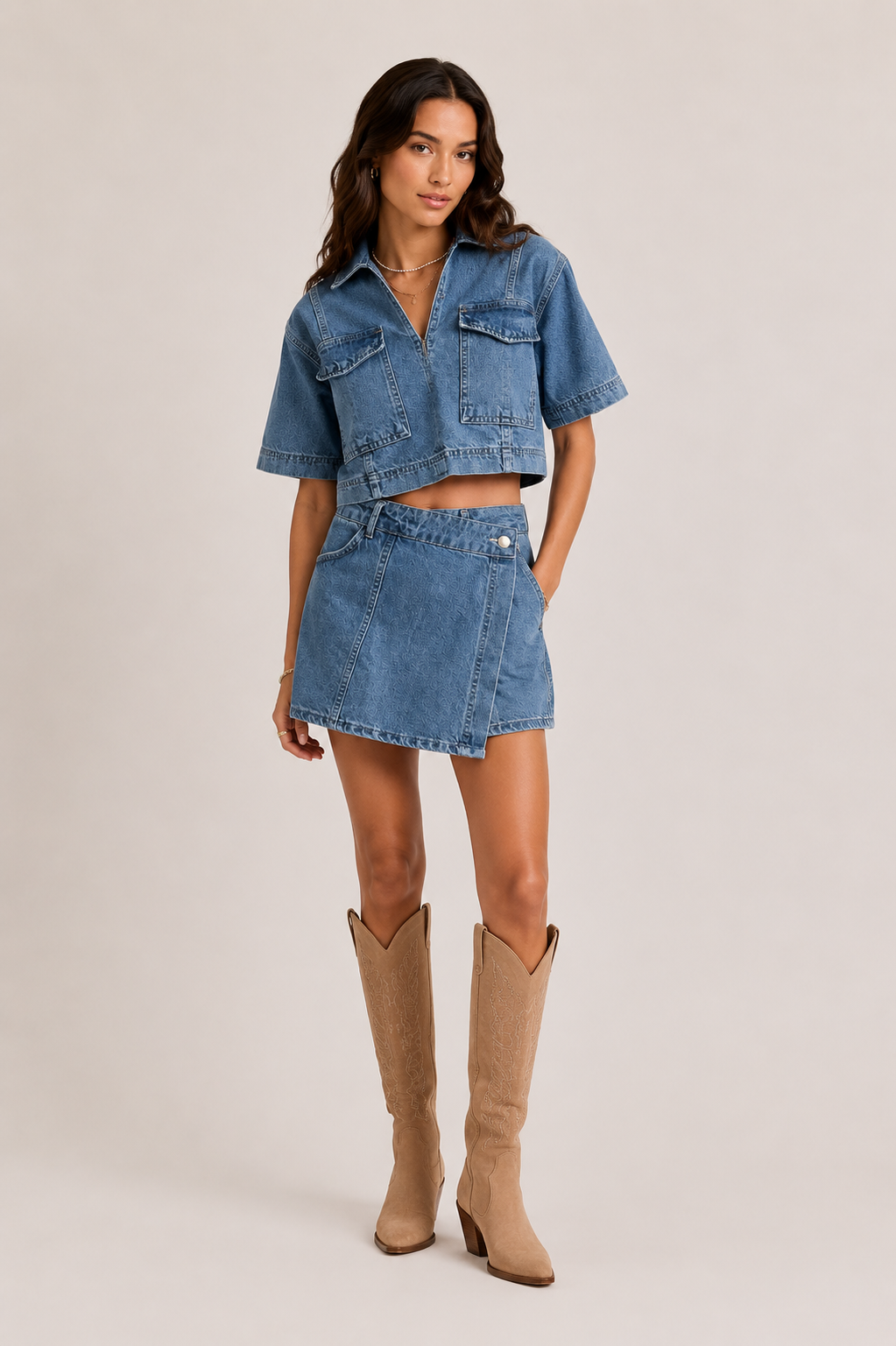Women's denim set with cropped top and mini skirt