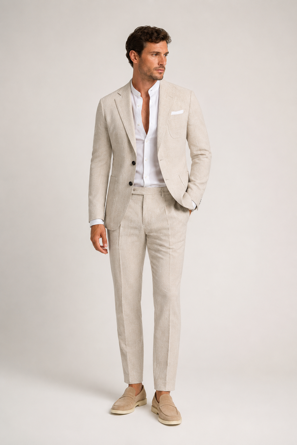 Men's tailored suit set with notch lapel jacket and slim-fit trousers, front view