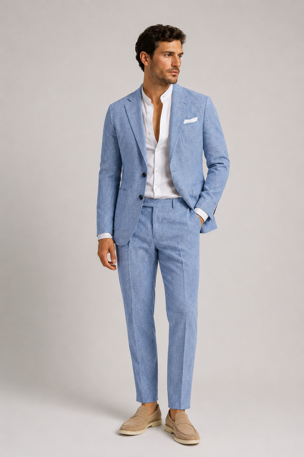 Men's slim-fit two-piece suit set with button-front jacket and matching full-length trousers, styled look