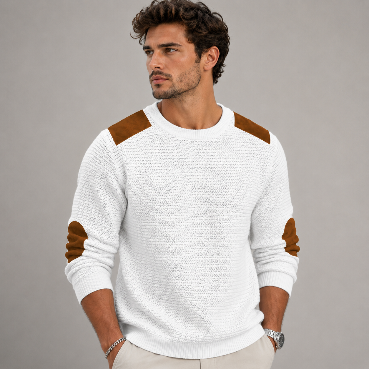 Men's textured knit sweater with contrast shoulder detail, crew neck, regular fit