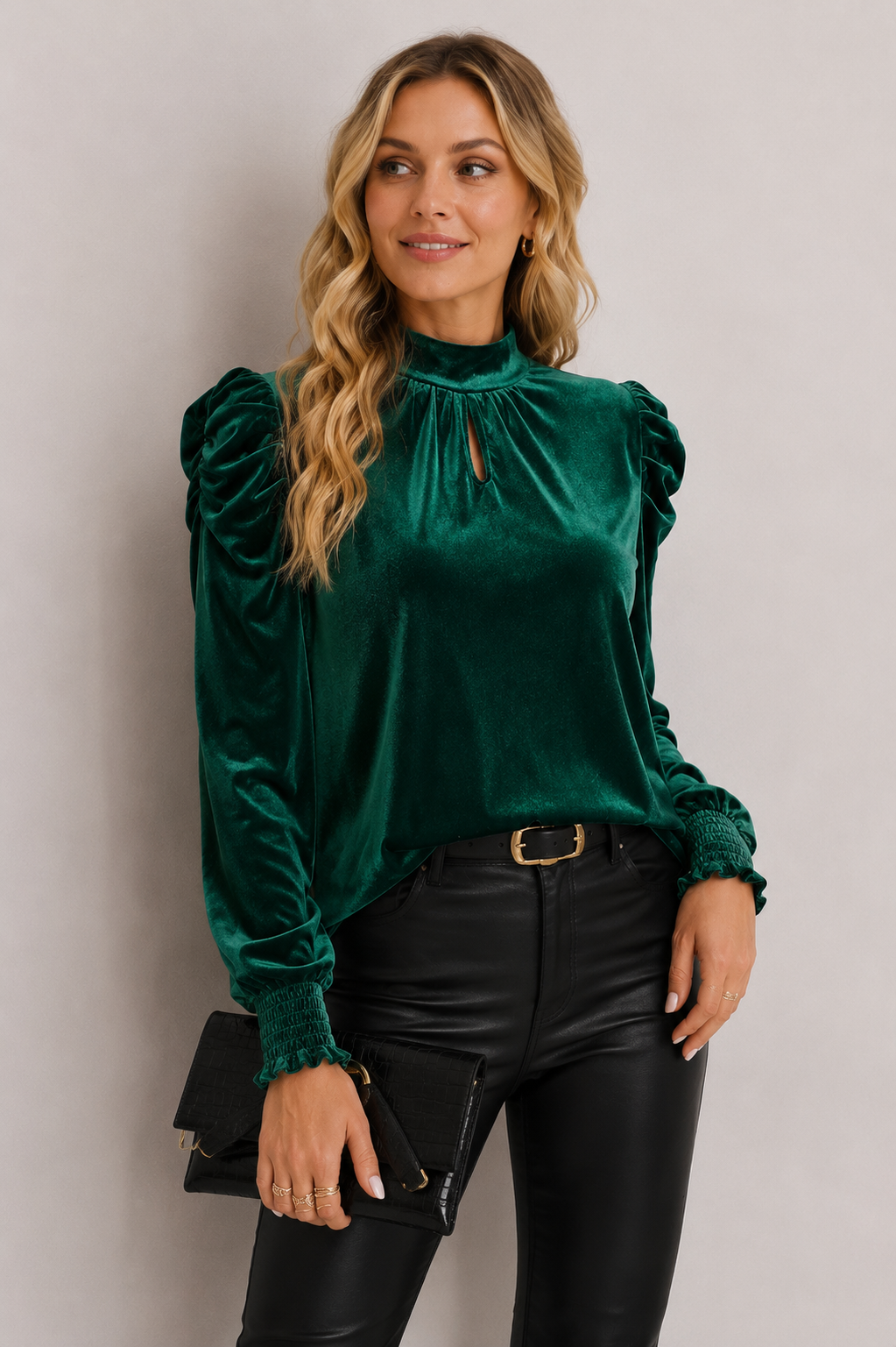 Long-sleeve velvet-surface blouse with gathered shoulders for women