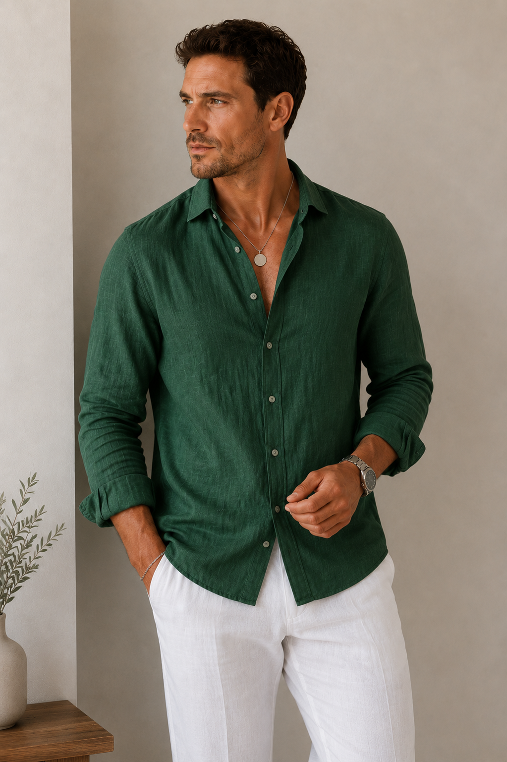 Men's relaxed-fit polyester shirt with front button closure and long sleeves