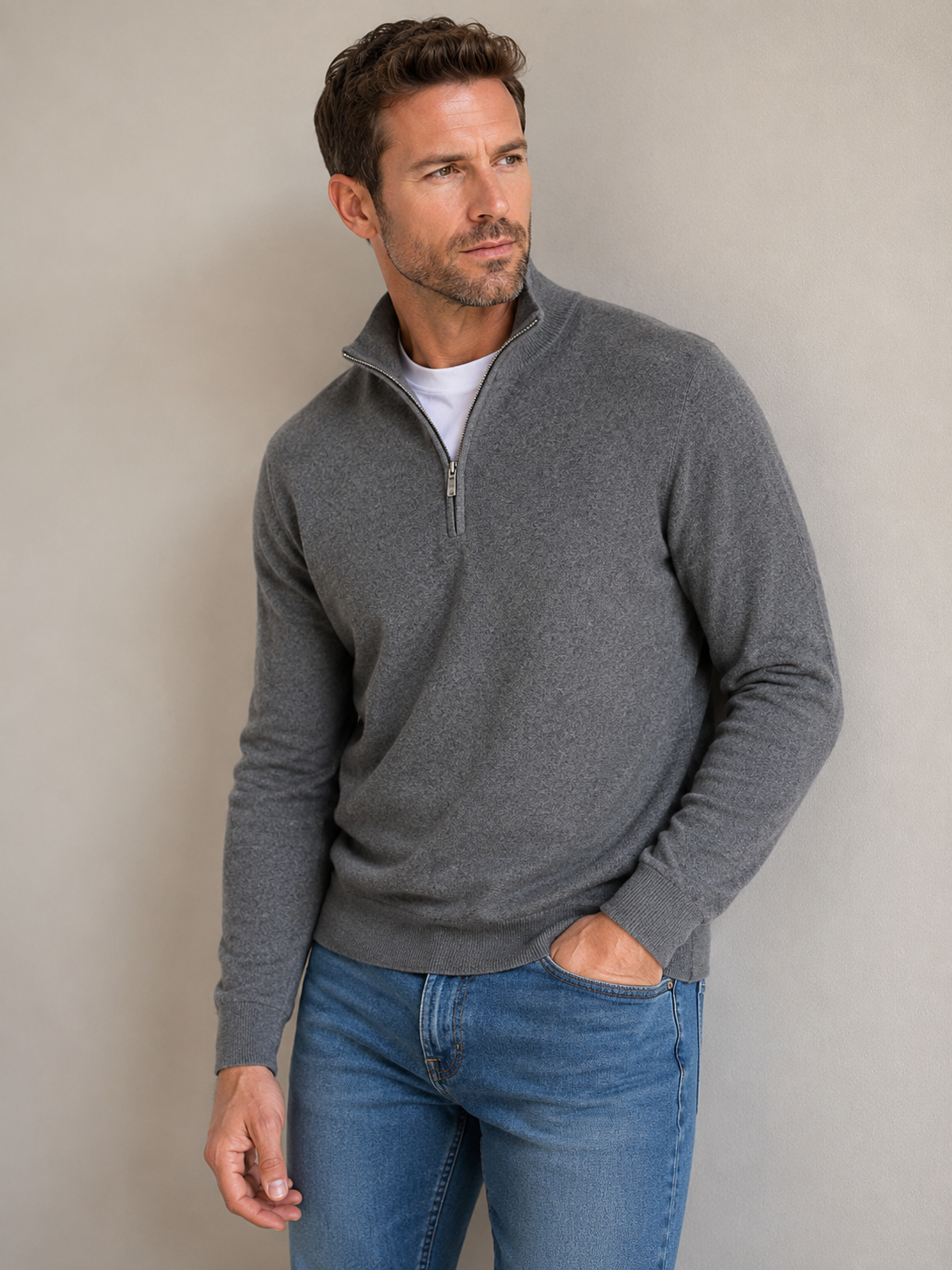 Men's half-zip sweater in wool blend, close-up of chest and high zip collar, regular fit