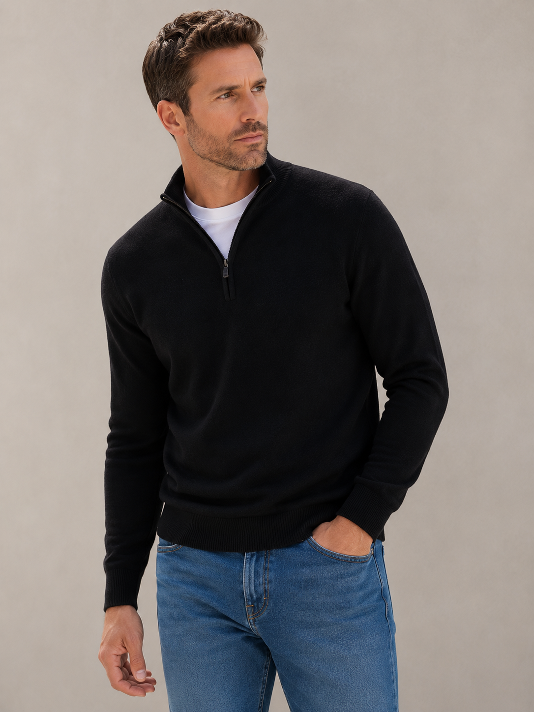 Men's wool-blend half-zip sweater, back view on male model showing regular fit and clean silhouette
