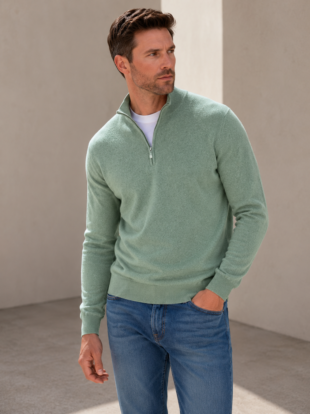 Men's wool-blend half-zip sweater styled for a layered everyday look, full-body on-model shot