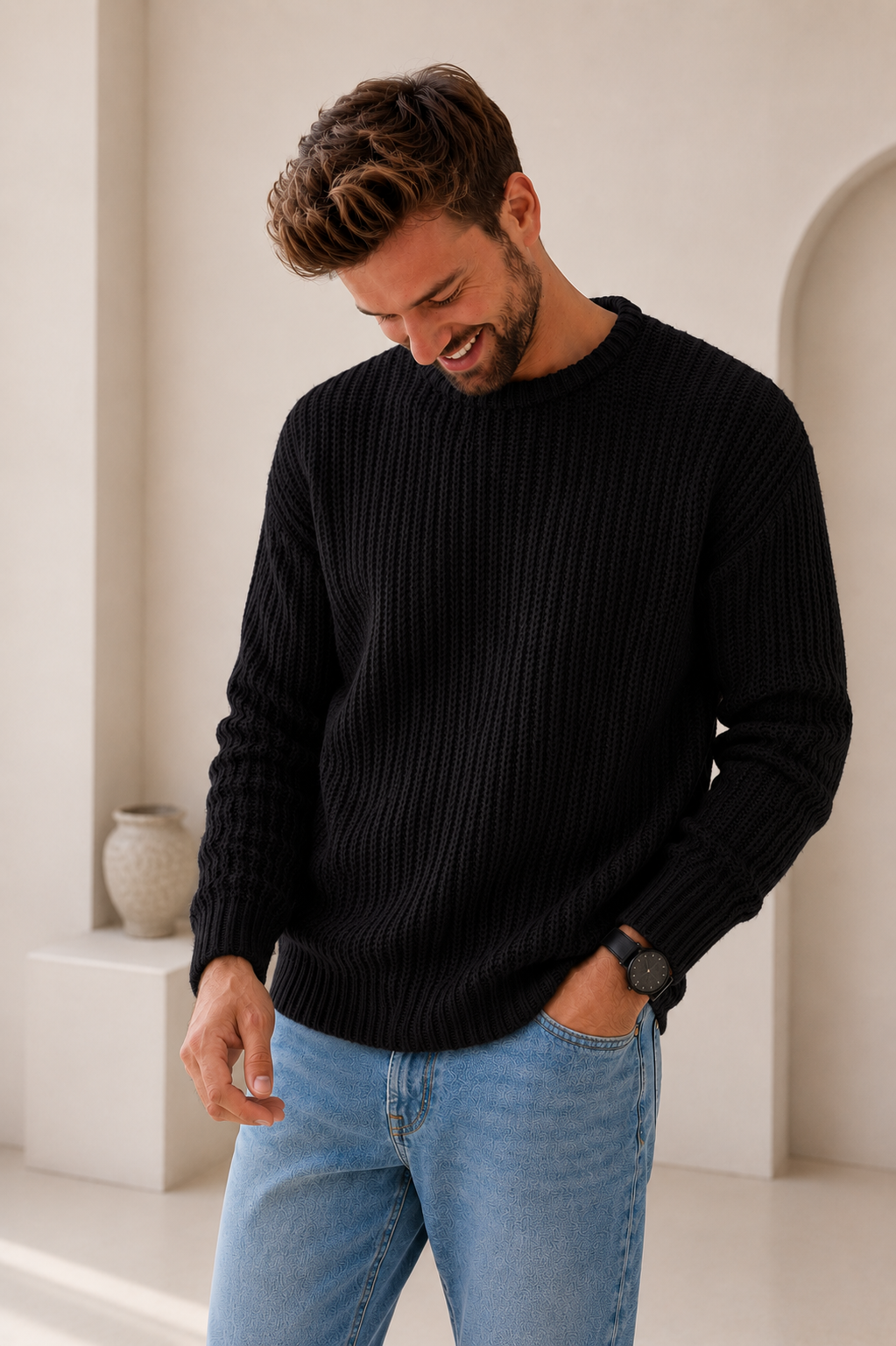 Men's relaxed-fit chunky knit sweater with ribbed hem, back view
