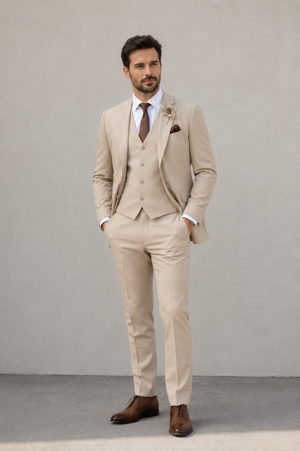 Men's formal 3-piece suit set in slim tailored fit — jacket, vest, and matching trousers