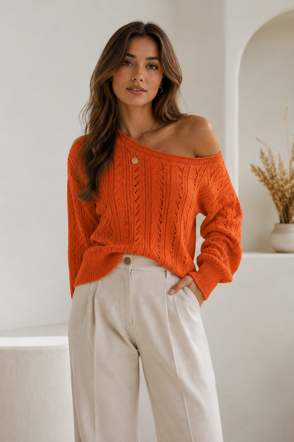 Off-shoulder cotton-blend knit sweater for women