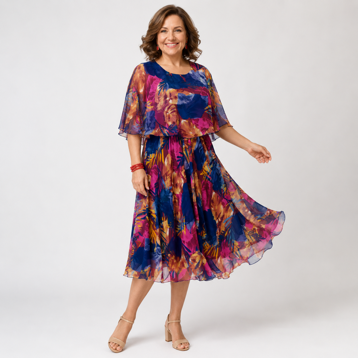 Women's patterned chiffon midi dress with ruffled sleeves and tie belt