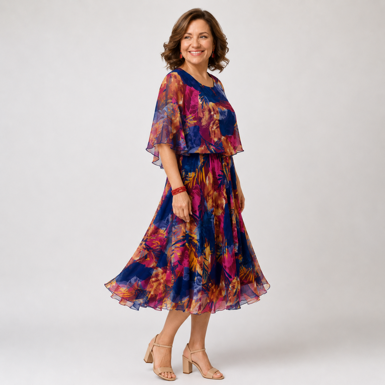 Lightweight chiffon dress with multicolored pattern and flowing midi skirt