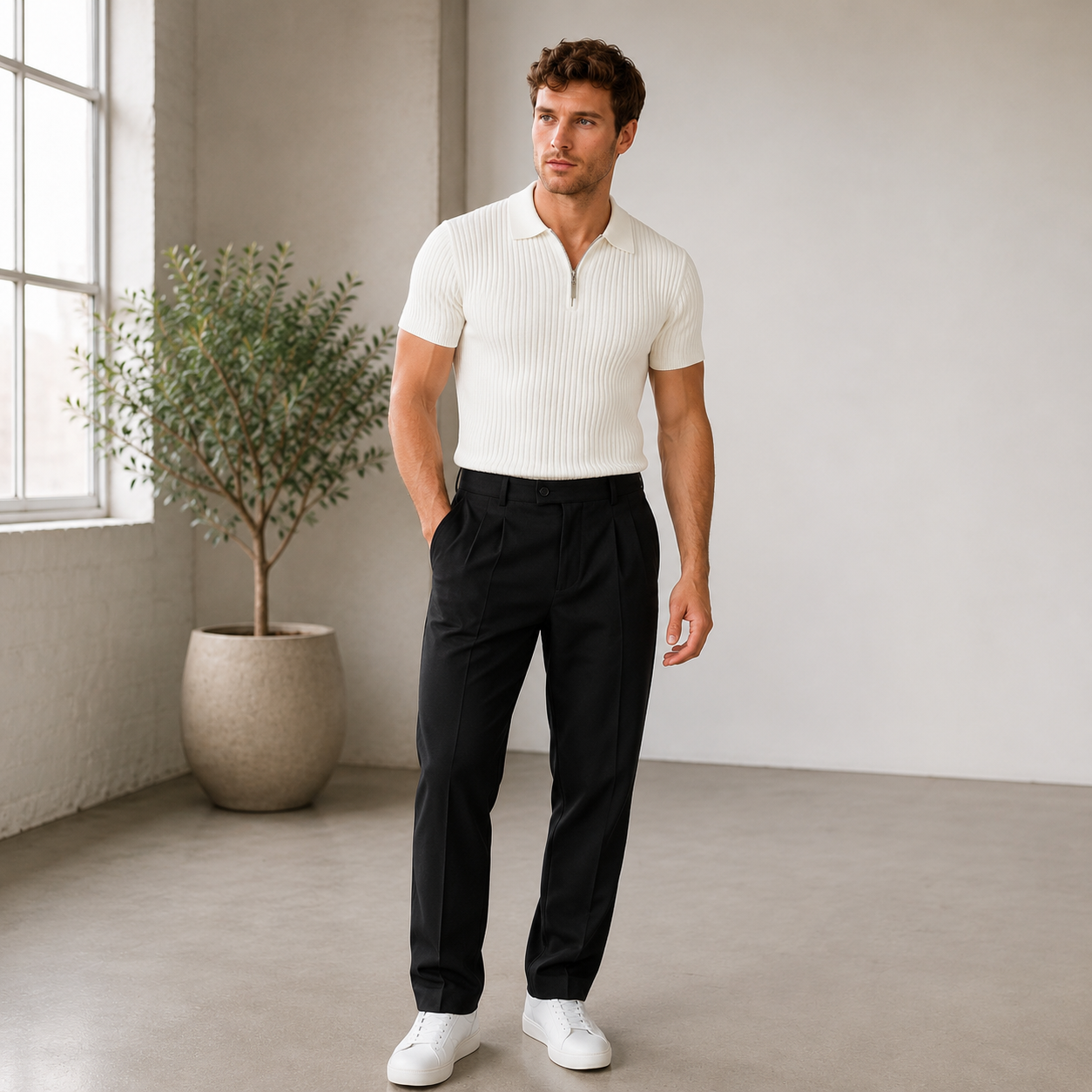 Ribbed knit polo shirt for men with a fitted silhouette and clean-finish construction