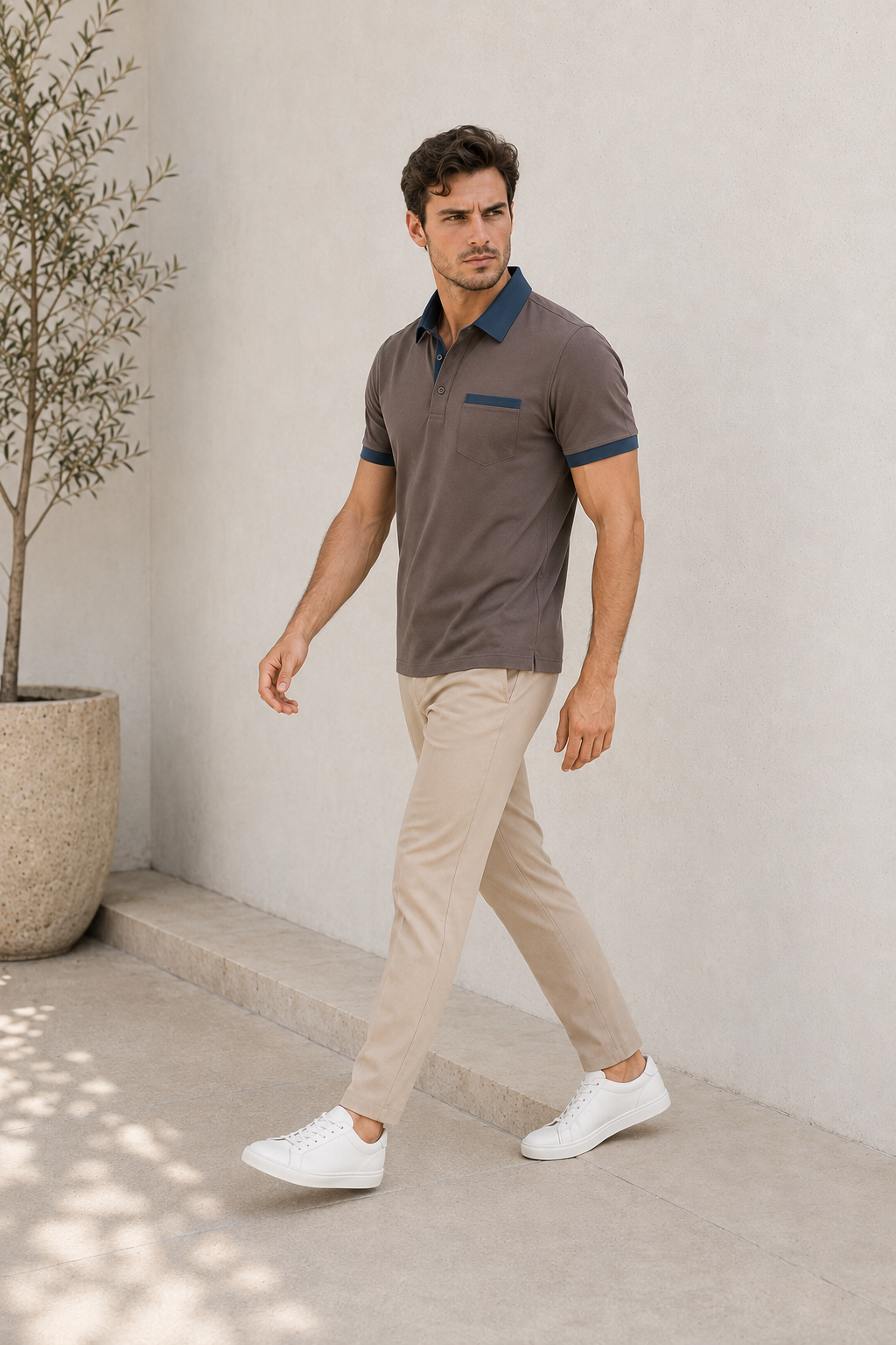 Dark gray classic polo shirt men with button placket