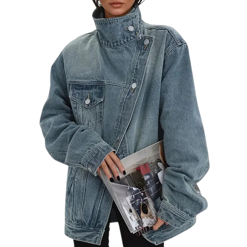 Denimjacka med asymmetrisk knäppning och hög ståkrage, oversized passform för dam