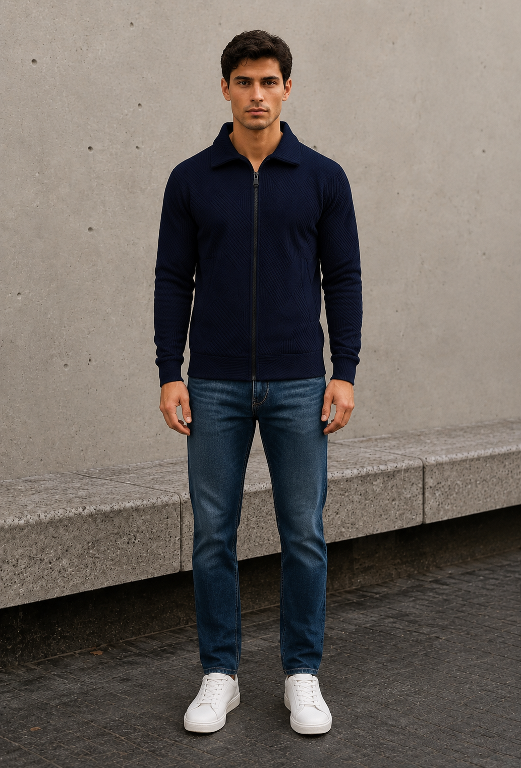 Men's navy blue ribbed cardigan with full zip closure