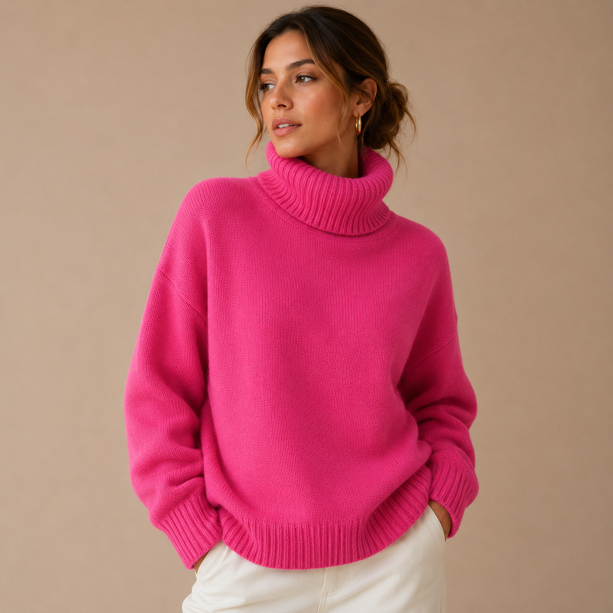 Pink oversized turtleneck sweater cotton blend women