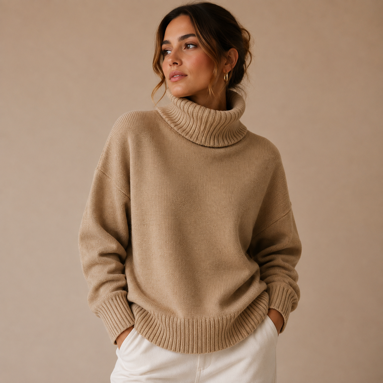 Khaki oversized turtleneck sweater cotton blend women