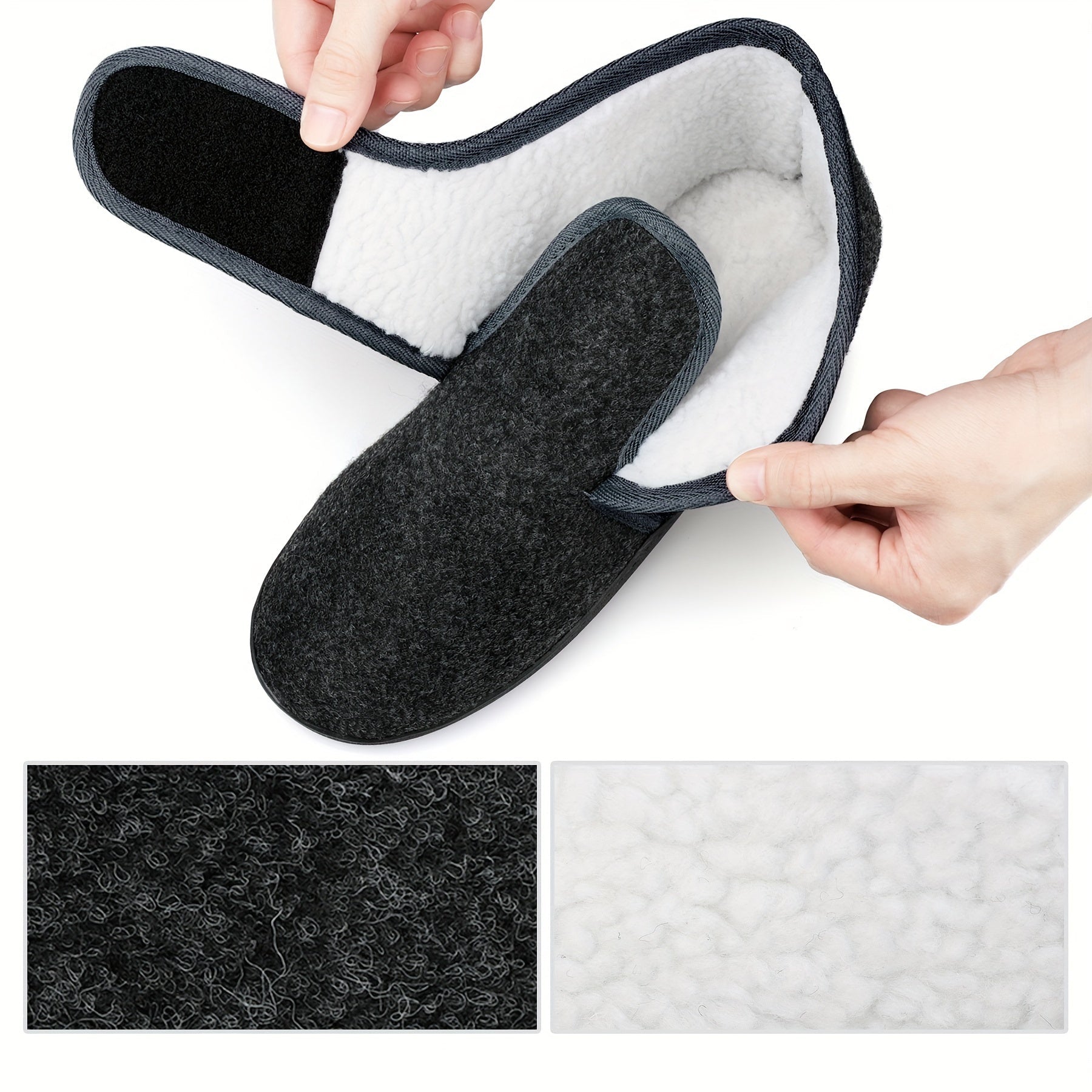 Fleece tofflor med kardborre visade från sidan