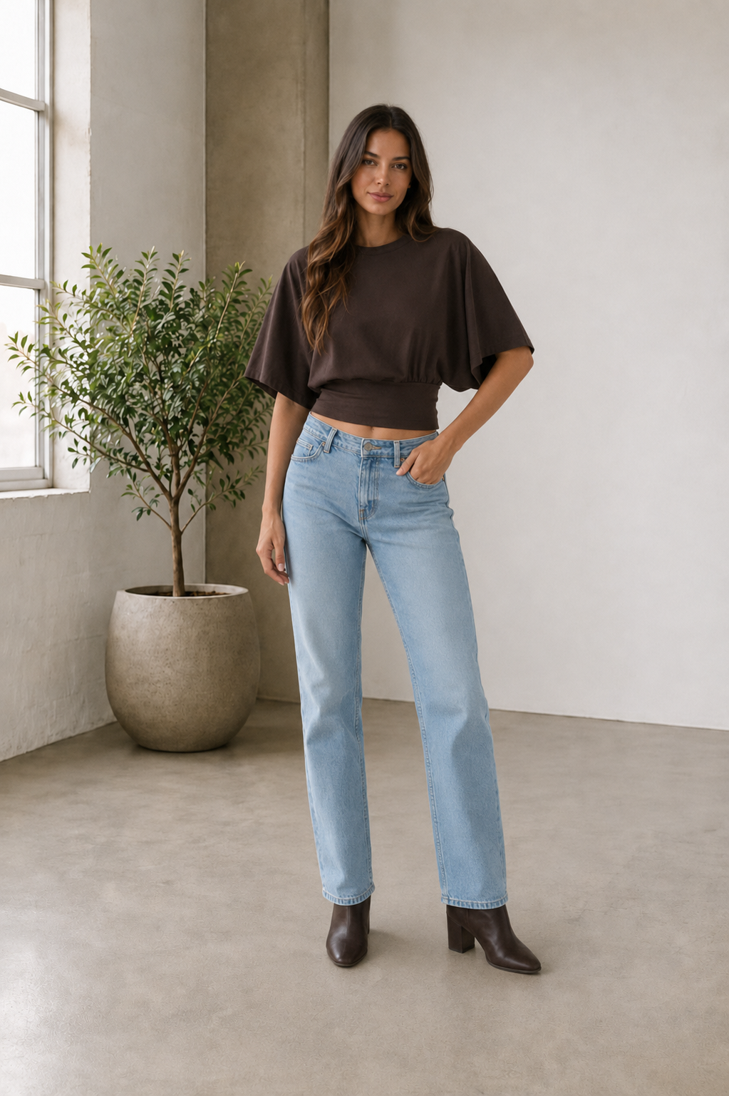 Women's draped short-sleeve top with fitted waist and round neckline