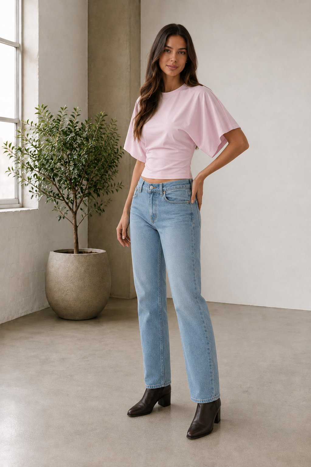 Women's draped short-sleeve top with cropped fit and soft stretch construction